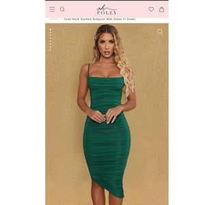 Oh Polly YOU’RE MY TYPE Cowl Neck Ruched Bodycon Midi Dress in Green